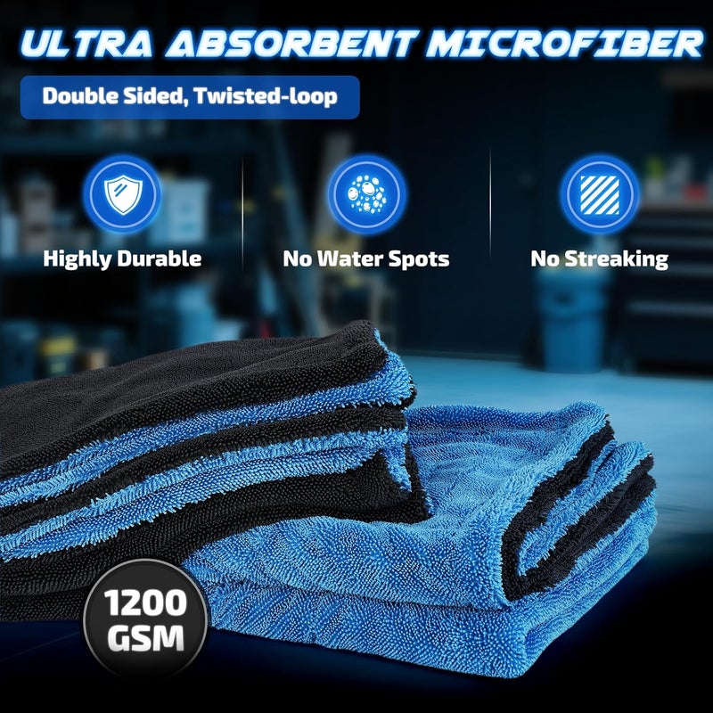 SMINDER 2-Pack 1200 GSM Car Drying Towels – Microfiber Towels for Cars (36" x 24"), Ultra-Absorbent, Streak-Free, Scratch-Free, No Water Spots, Double-Twist Pile & Edgeless Design(Blue) - Image 5